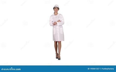 Female Doctor Engineer Walking With Digital Tablet On White Background