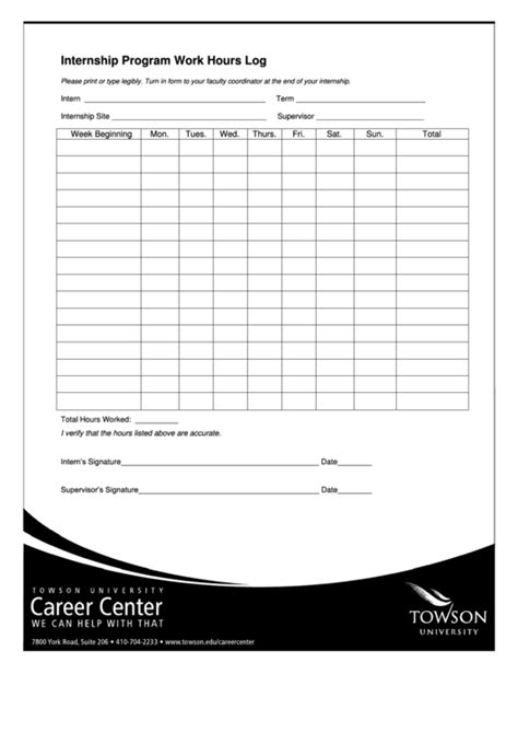 Internship Program Work Hours Log Printable Pdf Download