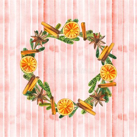 Watercolor Christmas Wreath With Oranges Cinnamon Round Frame Holiday