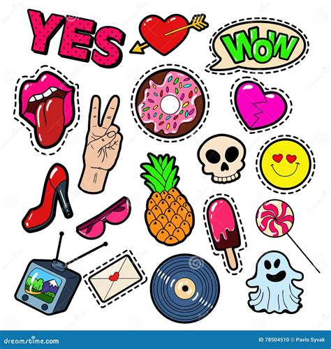 fashion badges patches stickers set with girls elements lips heart sweets speech bubble
