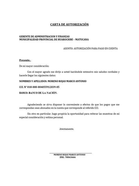 Carta Autorizacion Marco 1 Pdf Bancario Servicios Financieros
