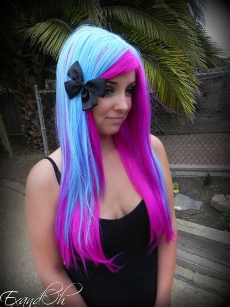 Featuring a pink base with a blend of pastel shades, including baby blue, lavender, and mint green, mixed throughout. neon pink and baby blue hair color | Vibrant hair colors ...