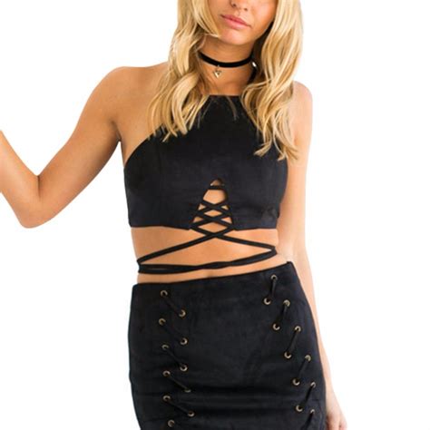 Buy Woman Faux Leather Suede Tank Top Sexy Lace Up