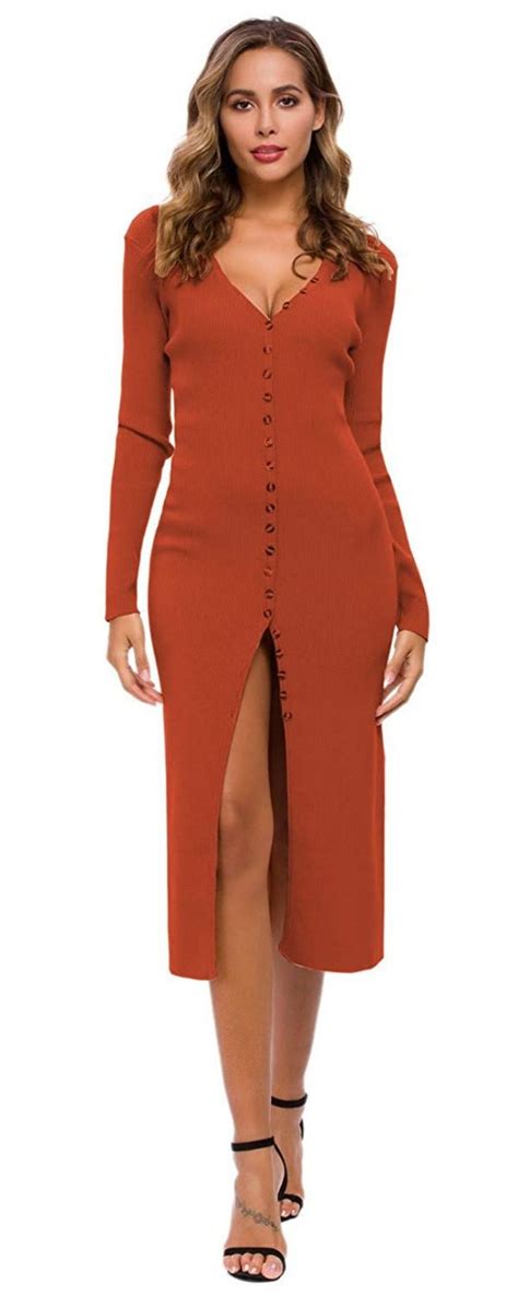 Cmz2005 Womens Button Down Long Sleeve Sweater Dress Bodycon Party