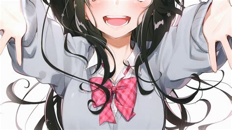 Download 1920x1080 Anime Girl Hug Smiling Black Hair