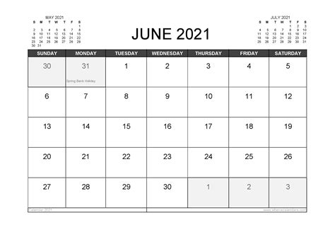 June 2021 Calendar Uk With Holidays