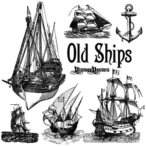 Vector Art Old Ships Boats And Sailing Vessels And Anchor — Vintage
