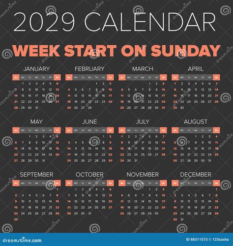 Simple 2029 Year Calendar Stock Vector Illustration Of Calendar 88311573