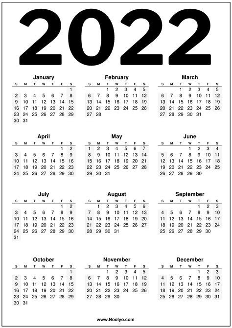 2022 Calendar Us Printable Black And White