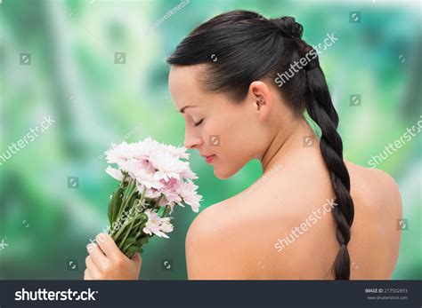 Beautiful Nude Brunette Smelling Bunch Pink Stock Photo 217502893