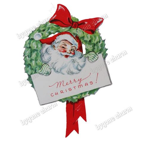 Vintage Winking Santa In Christmas Wreath Clip Art Kitschy Holiday