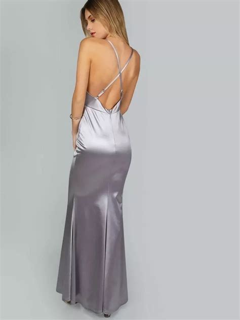 Cross Back Satin Slit Maxi Gown Silver