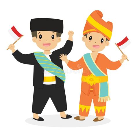 Indonesian Kids Wearing Traditional Dress Cartoon Vector Stock Vector