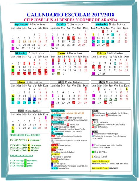 Calendario Escolar Ceip JosÉ Luis Albendea Y GÓmez De Aranda