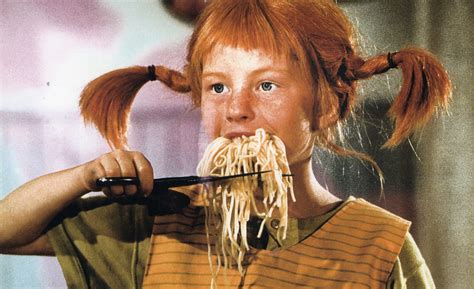 Pippi Langkouslongstocking Eating Spagetti With A Pair Of Scissors