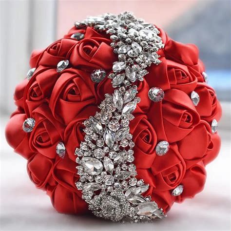 Wedding Flowers Bridal Bouquets Red Artificial Rose Luxury Diamond