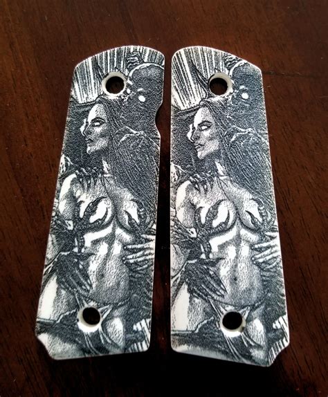 1911 Custom Engraved Ivory Scrimshaw Grips Sexy Lady With Demons 3