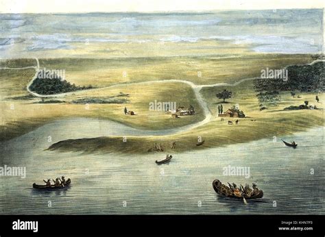 Chicago In 1820 Color Lithograph Of Native Americans Approaching A