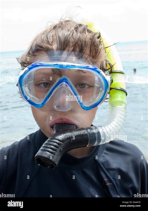 Portrait Of Boy In Snorkel Gear Stock Photo Alamy