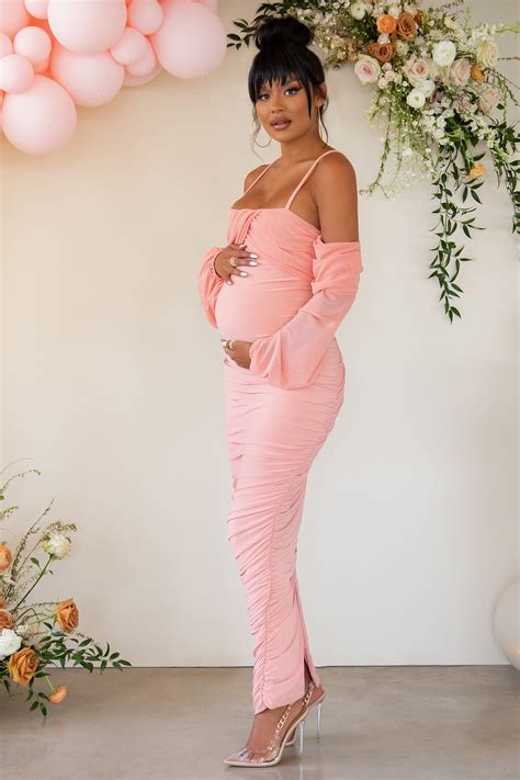 Announcement Rose Pink Maternity Ruched Mesh Maxi Dress UK 10 Pink