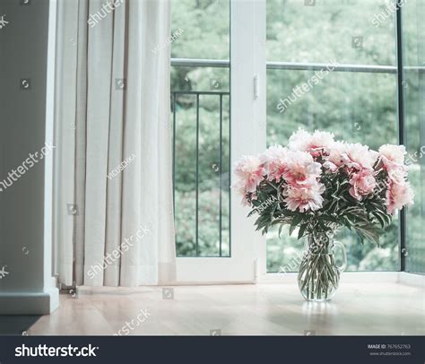 Glorious Pastel Pink Bouquet Peonies Glass Stock Photo 767652763