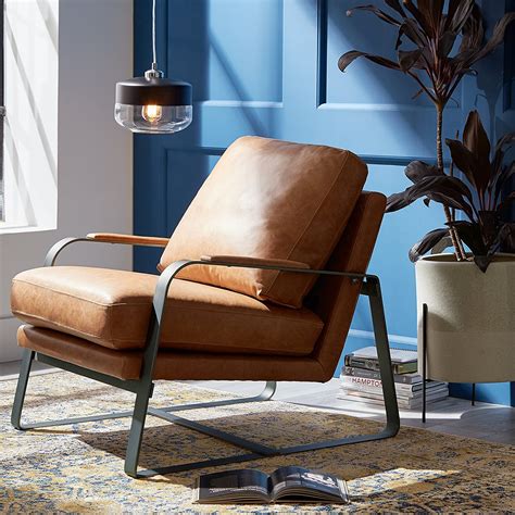 modern genuine leather accent chair for sale online cognac color wood armrests metal frame ...