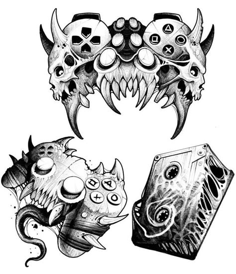 Three Different Types Of Tattoos With Skulls And Monsters On Them All