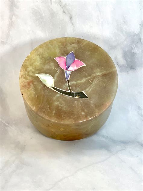Trinket Box With Lid Soapstone Jewelry Box With Inlaid Floral Etsy