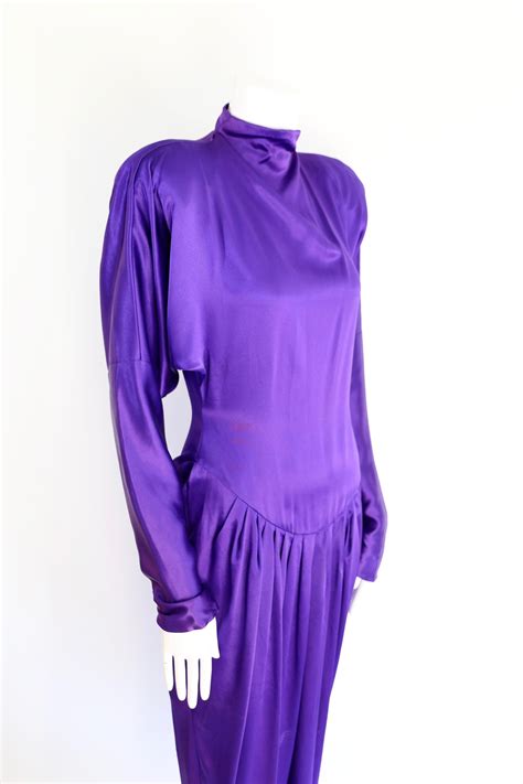 80s Norma Kamali Purple Satin Dress Vintage 1980s Strong Shoulder