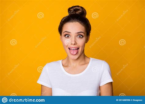 Portrait Of Content Candid Cheerful Girl Show Her Tongue Out Want Joke