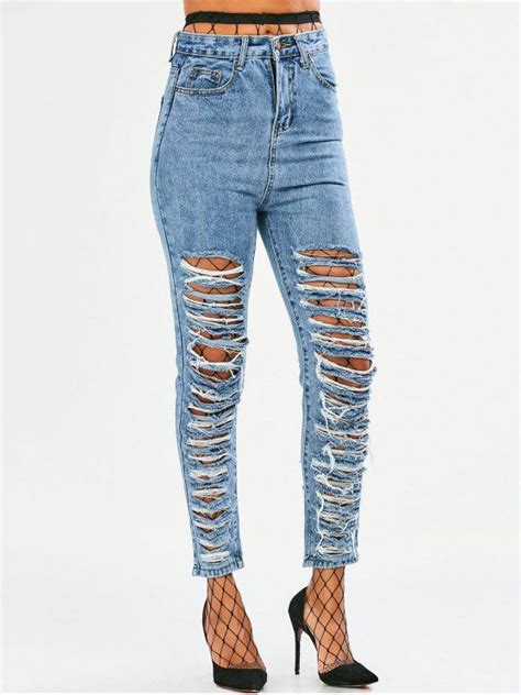Tapered Distressed Jeans Denim Blue M Mobile Ripped Jean Skinny