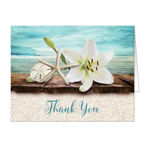 Lily Seashells And Sand Beach Thank You Cards White Lily Flower