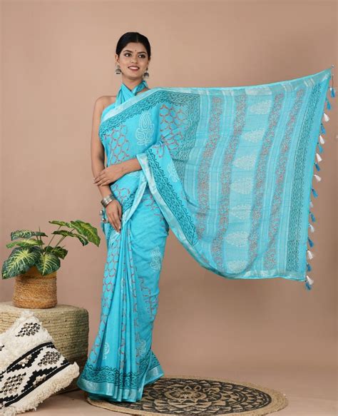 shivanya handicrafts women s linen hand block printed saree with blouse piece cl 025 at rs 650