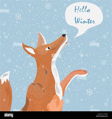 Orange Fox Catching Snowflakes And Saying Hello Winter Vector
