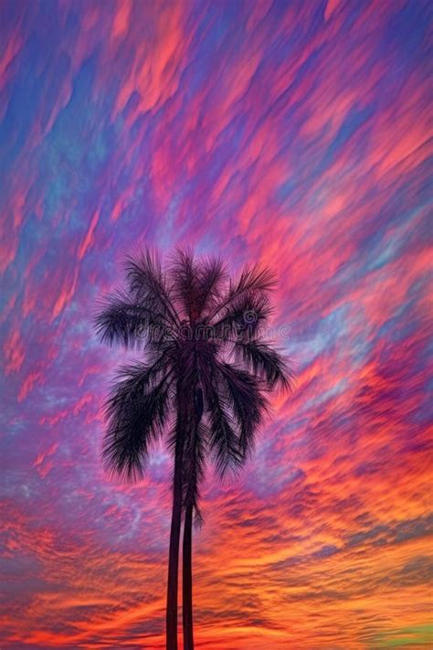 Tropical Palm Tree Silhouette Against Colorful Sky Stock Illustration