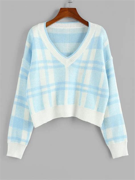 Zaful Plaid Drop Shoulder V Neck Sweater Light Blue In 2021 Cute