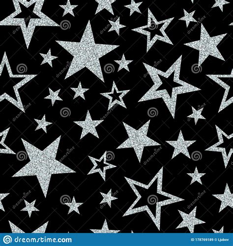 Seamless Pattern With Silver Glitter Sparkle Stars On Black Background