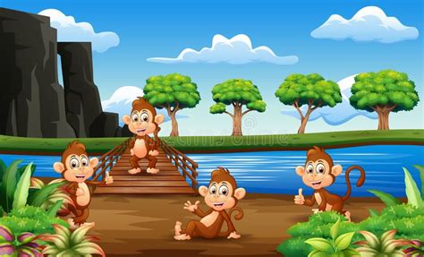Historieta De Los Monos Que Cuelga Hacia Fuera En El Puente De Madera Ilustraci N Del Vector
