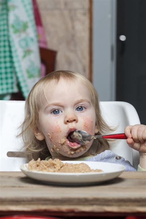 Baby Eats Porridge Spoon Mashed Stock Image Image Of Baby Eating