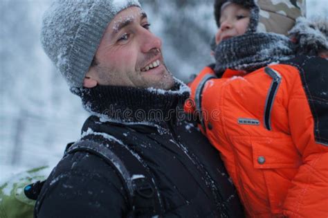 Father And Son Outdoor In Winter Much Snow Much Fun Happy Moments