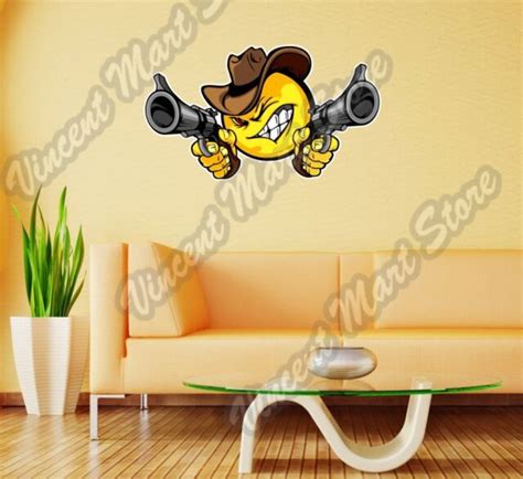 Angry Smiley Face Emoticon Gun Funny Wall Sticker Room Interior Decor