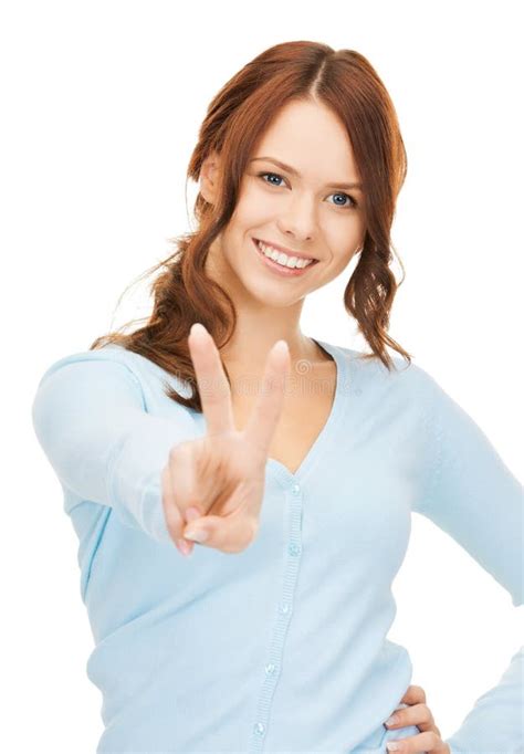 Woman Showing Victory Or Peace Sign Stock Photo Image Of Pair