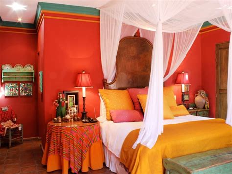 Colorful Mexican Inspired Bedroom With Sheer Canopy Bed Spanish Decor