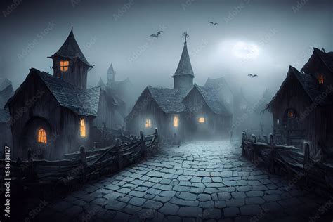 Dark Foggy Gothic Village With Cobblestones And Bats Halloween Town