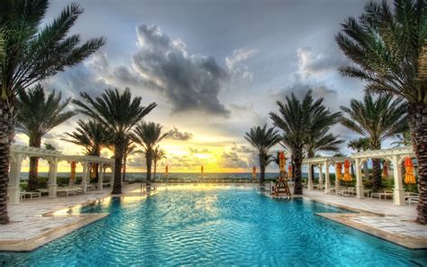 Palm Trees Swimming Pool Resort Sunset Clouds Sea Wallpaper