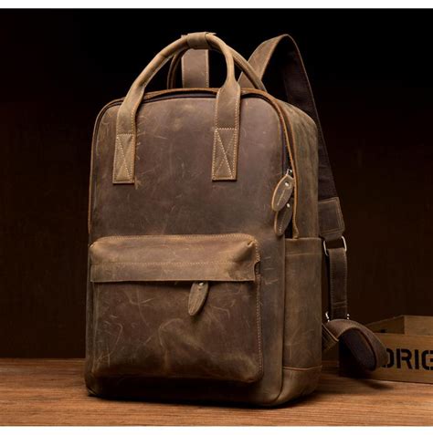 Cool Brown Mens Leather 15 Inch Work Backpack Handbag Travel Backpack