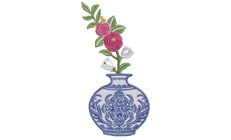 Chinoiserie Vase With Flowers Machine Embroidery File Design Etsy