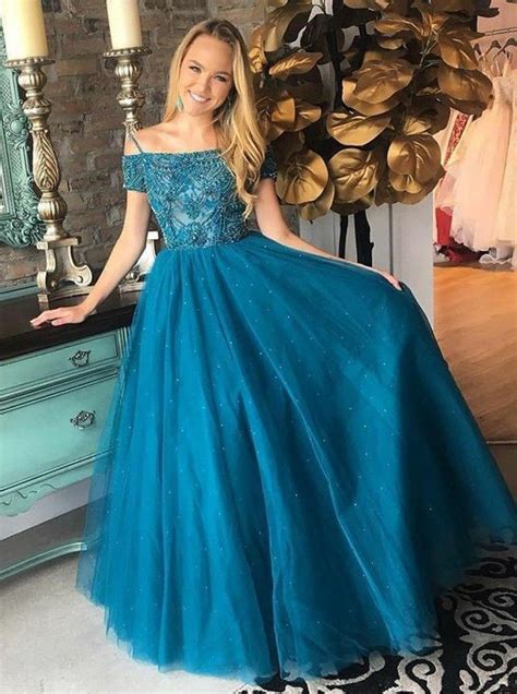 a line off the shoulder short sleeves turquoise prom dress with beading turquoise prom dresses