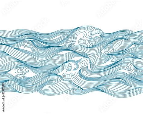Seamless Pattern Sea Waves Water Hand Drawing By Line Isolated On