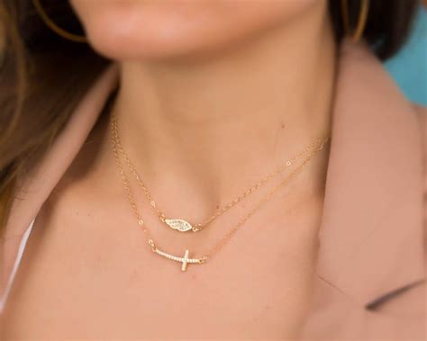 Gold Cross Necklace Sideways Cross Necklace Cz Cross Etsy In